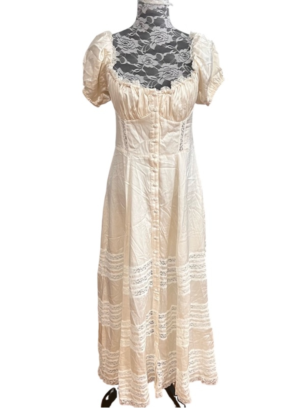 House Of Cb Eviana Ivory Real Silk Puff Sleeve Dress Size M (Button needs Fixing